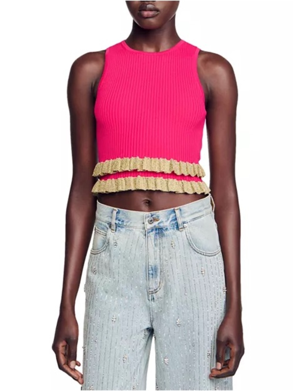 Sandro Hot Pink Ribbed Tank with Gold Ruffle Trim